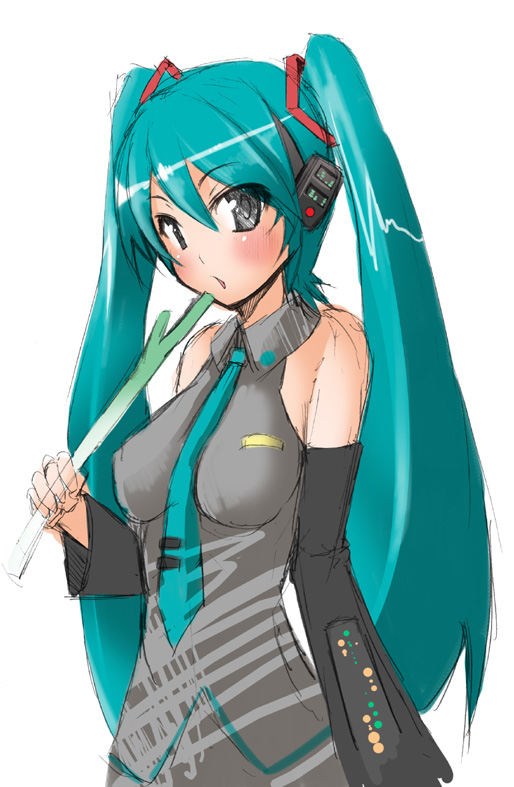 hatsune miku, vocaloid, 1girl, breasts, female focus, simple background, sketch, solo, spring onion, twintails