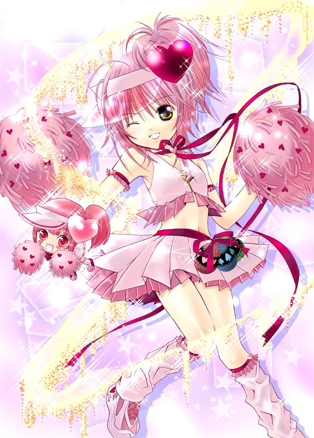 peach-pit, amulet heart, hinamori amu, ran (shugo chara!), shugo chara!, official art, scan, 2girls, blush, boots, cheerleader, chibi, happy, hat, loose socks, magical girl, multiple girls, one eye closed, pink boots, pink hair, pom pom (cheerleading), ponytail, ribbon, short hair, skirt, smile, socks, wink