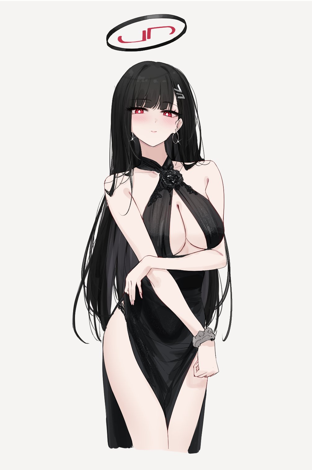 feint721, rio (blue archive), blue archive, commentary, highres, symbol-only commentary, 1girl, arm under breasts, bare shoulders, black dress, black hair, black halo, blush, breasts, bright pupils, cleavage, cropped legs, dress, earrings, fingernails, halo, hoop earrings, jewelry, large breasts, long hair, looking at viewer, multicolored halo, red eyes, red halo, simple background, sleeveless, sleeveless dress, solo, two-tone halo, very long hair, white background