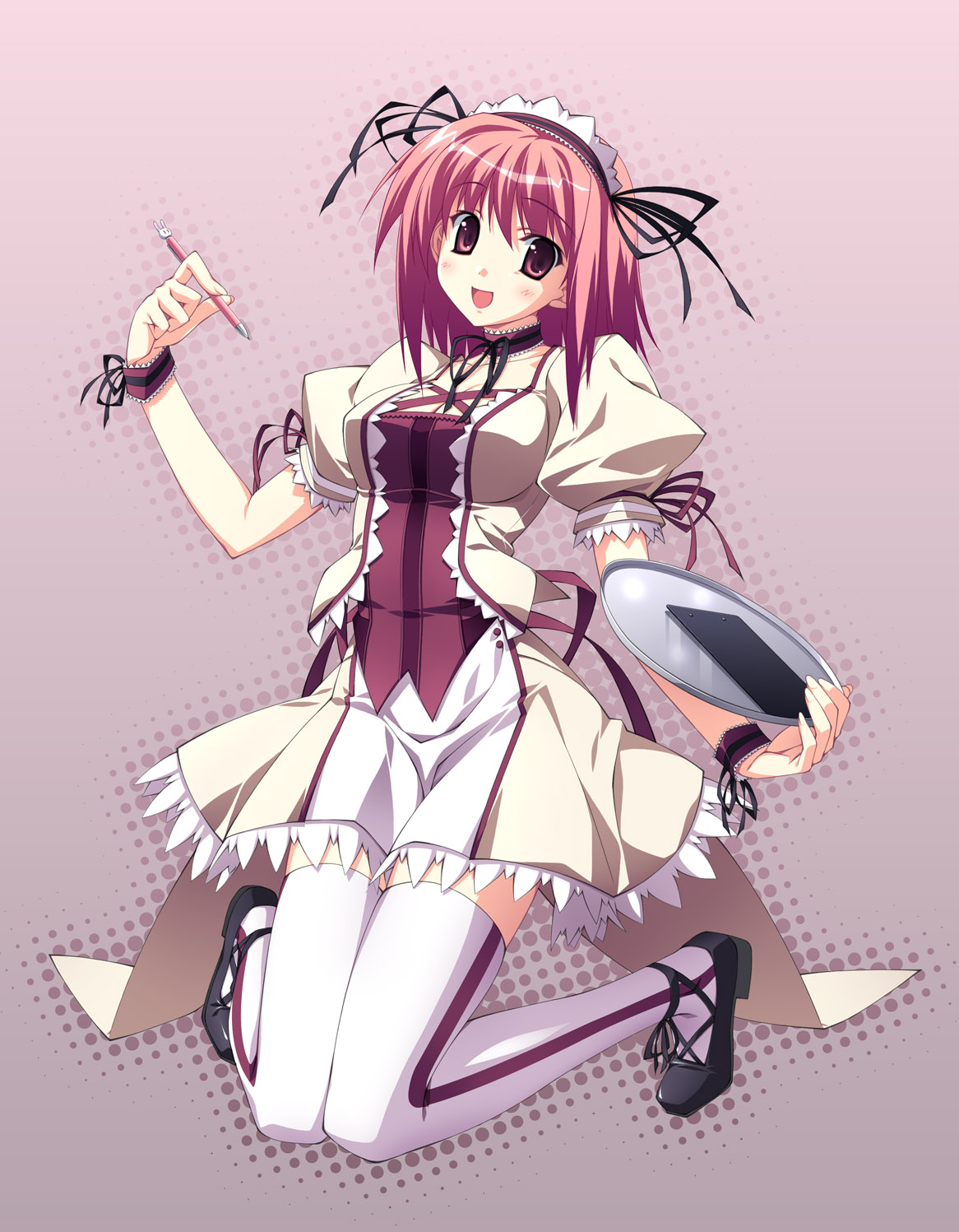 miyatsuki itsuka, highres, blush, dress, mechanical pencil, pencil, ribbon, smile, solo, thighhighs, waitress