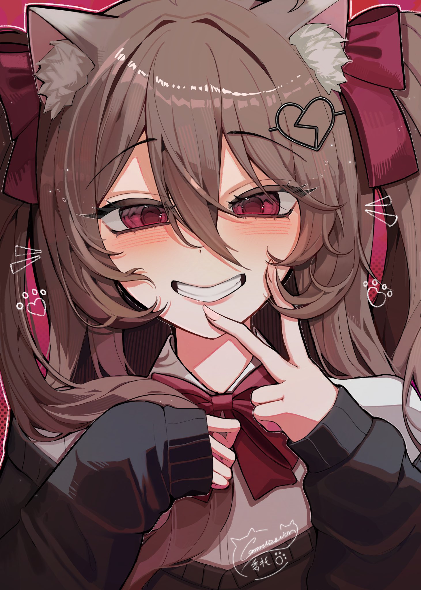 evil neuro-sama, neuro-sama, commentary, commission, english commentary, highres, 1girl, animal ears, black cardigan, bow, bowtie, broken heart, broken heart hair ornament, brown hair, cardigan, cat ears, dress shirt, facial mark, hair between eyes, hair bow, heart, long hair, long sleeves, looking at viewer, off-shoulder cardigan, red background, red bow, red bowtie, red eyes, shirt, smile, solo, straight-on, two side up, upper body, vedal ai, virtual youtuber, whisker markings, white shirt, yakuutgi
