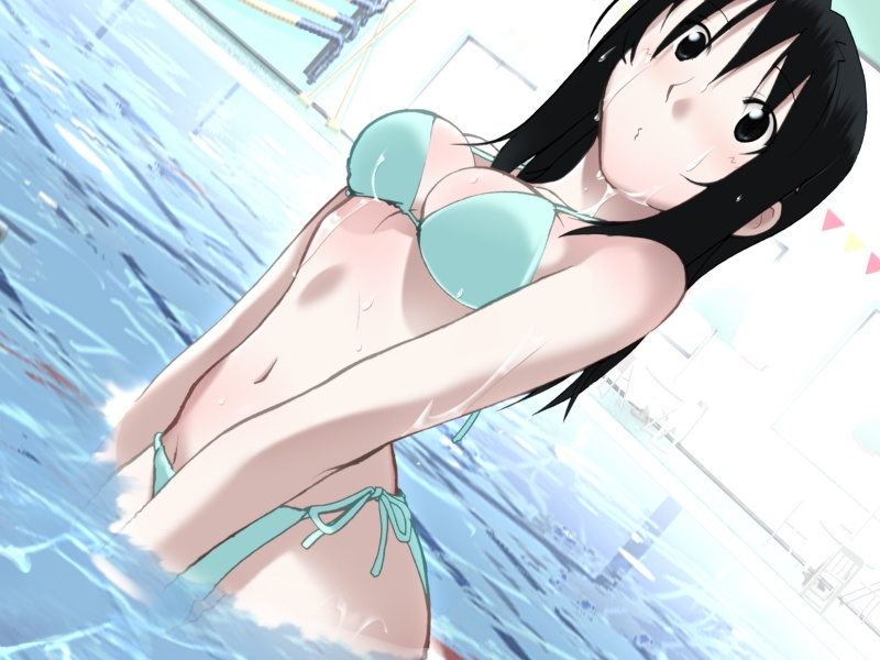 jinguuji rio, shinohara yuuno, senpai ga fiancee!?, game cg, 1girl, aqua bikini, bikini, black eyes, black hair, blush, body blush, breasts, chair, cleaning brush, dutch angle, female focus, indoors, lane line, looking at viewer, medium breasts, o3o, pool, side-tie bikini bottom, solo, surprised, swimsuit, table, triangle, water, wet