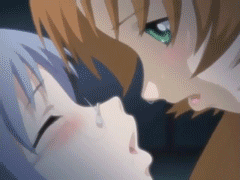hotaruko, animated, animated gif, anime screenshot, lowres, non-web source, 00s, 2girls, blush, brown hair, female focus, green eyes, grey hair, kiss, long hair, multiple girls, saliva, saliva trail, short hair, yellow eyes, yuri