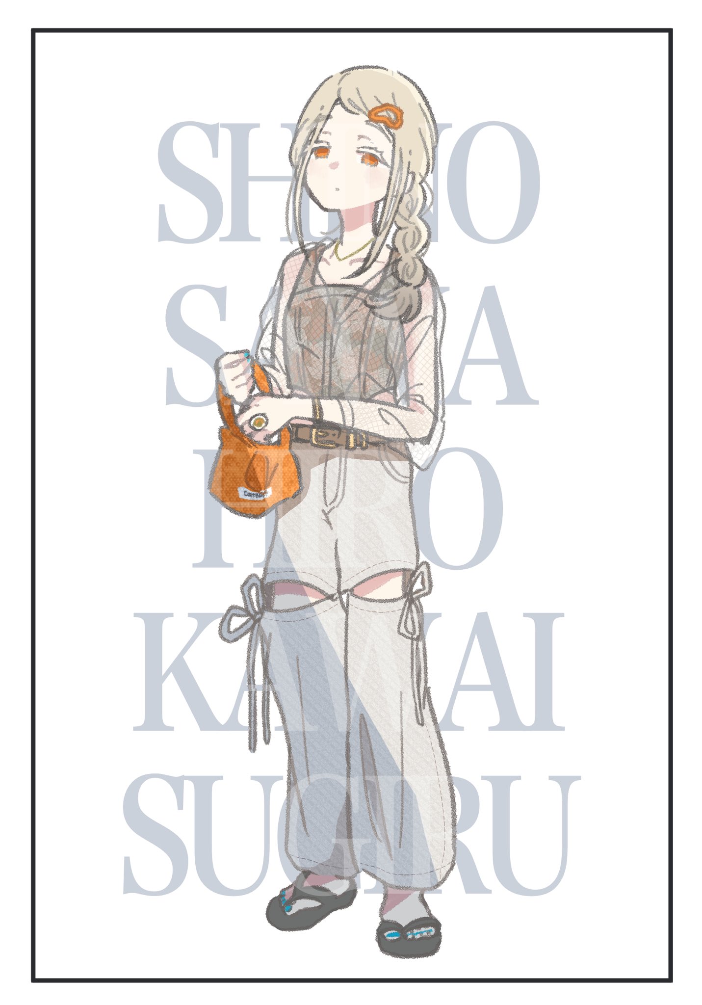 shinosawa hiro, gakuen idolmaster, idolmaster, highres, 1girl, alternate costume, bag, belt, bracelet, braid, braided ponytail, brown hair, brown shirt, character name, closed mouth, flat chest, full body, grey pants, hair ornament, holding, holding bag, jewelry, kawa li mono, knee cutout, long hair, looking at viewer, orange eyes, pants, ring, romaji text, sandals, see-through clothes, see-through shirt, shirt, shirt under shirt, solo, standing, tank top, toes, watermark