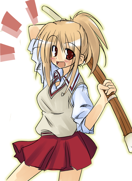 chiba kirino, bamboo blade, 00s, blush, red eyes, school uniform, serafuku, shirt, skirt, sleeves rolled up, solo