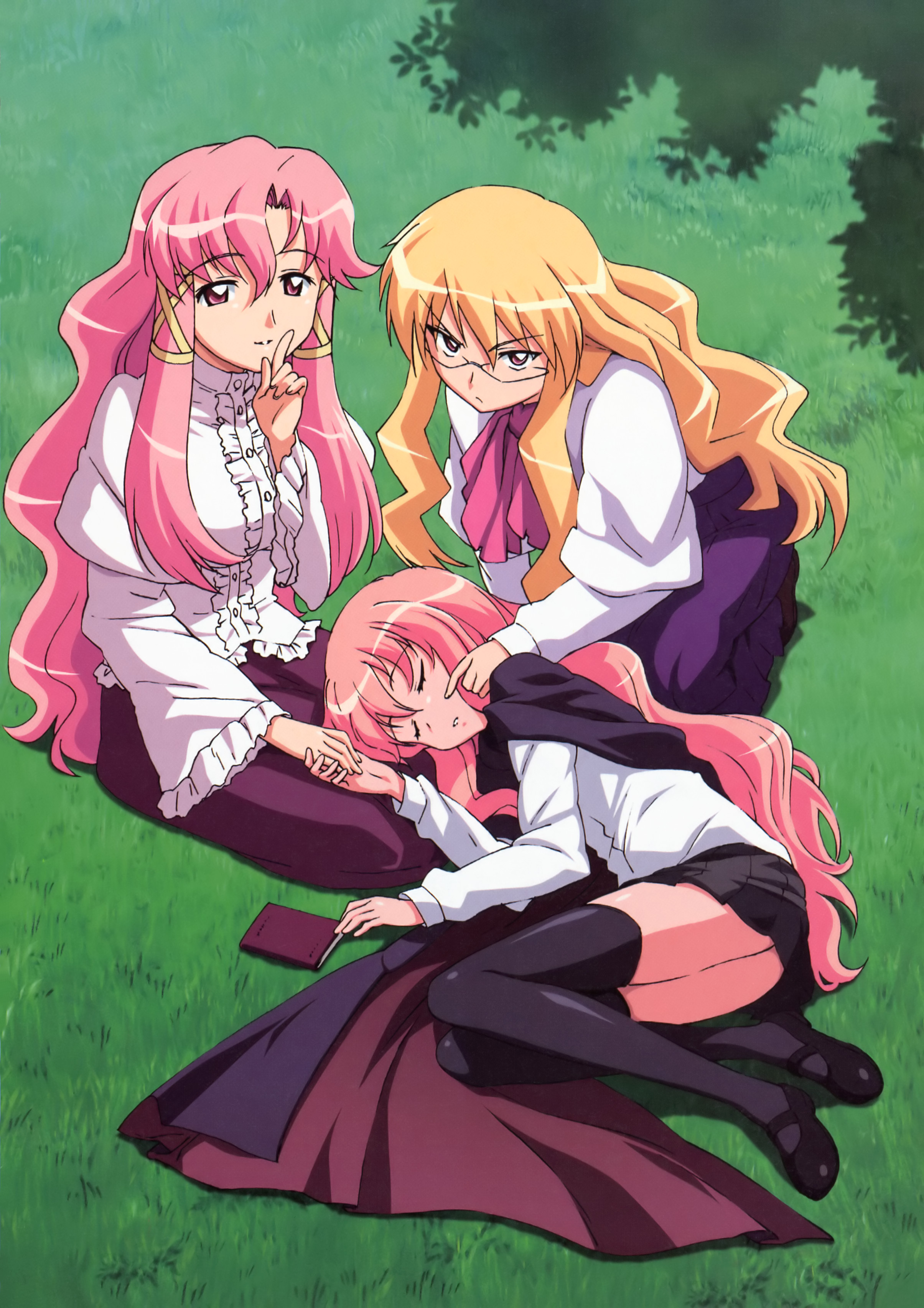 cattleya yvette la baume le blanc de la fontaine, eleanor albertine le blanc de la blois de la valliere, louise francoise le blanc de la valliere, zero no tsukaima, absurdres, artist request, highres, 00s, glasses, thighhighs, zettai ryouiki