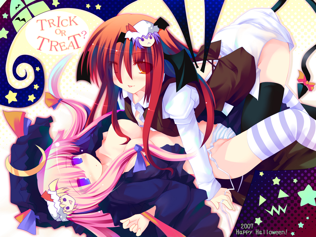 ai takurou, flandre scarlet, koakuma, patchouli knowledge, remilia scarlet, embodiment of scarlet devil, touhou, 00s, 2007, 2girls, :>, :<, bat wings, breasts, censored, convenient censoring, demon tail, female focus, hair censor, hair ornament, hair over breasts, halloween, happy halloween, head wings, long hair, multiple girls, open clothes, open shirt, panties, pink hair, purple eyes, red eyes, red hair, ribbon, shirt, siblings, side-tie panties, sisters, striped clothes, striped panties, tail, tail ornament, tail ribbon, thighhighs, trick or treat, underwear, undressing, wings, yukkuri shiteitte ne, yuri