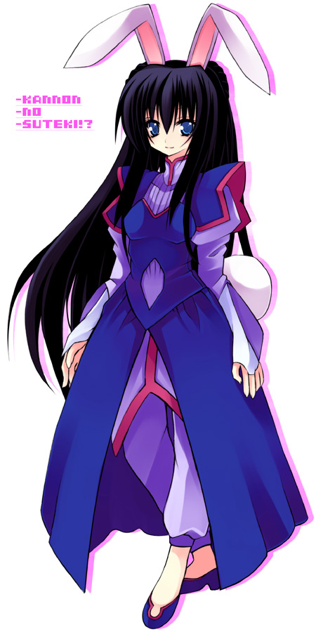 kannon ouji, marina ismail, gundam, gundam 00, 00s, 1girl, animal ears, black hair, blue dress, blue eyes, dress, female focus, flats, full body, long sleeves, looking at viewer, rabbit ears, shoes, simple background, solo, standing