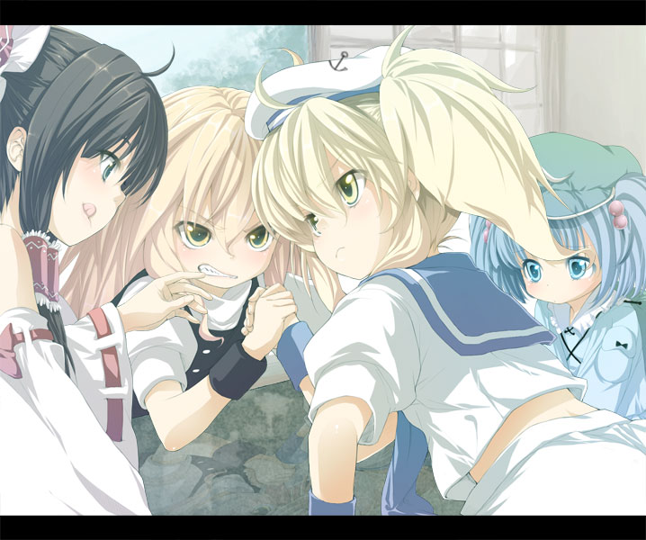 buriki, hakurei reimu, kawashiro nitori, kirisame marisa, kitashirakawa chiyuri, phantasmagoria of dim.dream, touhou, touhou (pc-98), 4girls, anchor, arm wrestling, black hair, blonde hair, blue eyes, blue hair, blue sailor collar, female focus, hat, letterboxed, multiple girls, sailor, sailor collar, sailor hat, twintails, two side up, wristband, yellow eyes