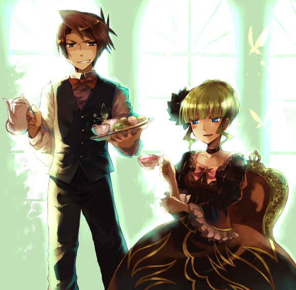 suzushiro kurumi, beatrice (umineko), ushiromiya battler, umineko no naku koro ni, 00s, 1boy, 1girl, blonde hair, blue eyes, bow, brown eyes, brown hair, butler, chair, choker, clenched teeth, cup, food, leotard, macaron, red eyes, red hair, ribbon, short hair, sitting, smile, teacup, teapot, teeth, tray