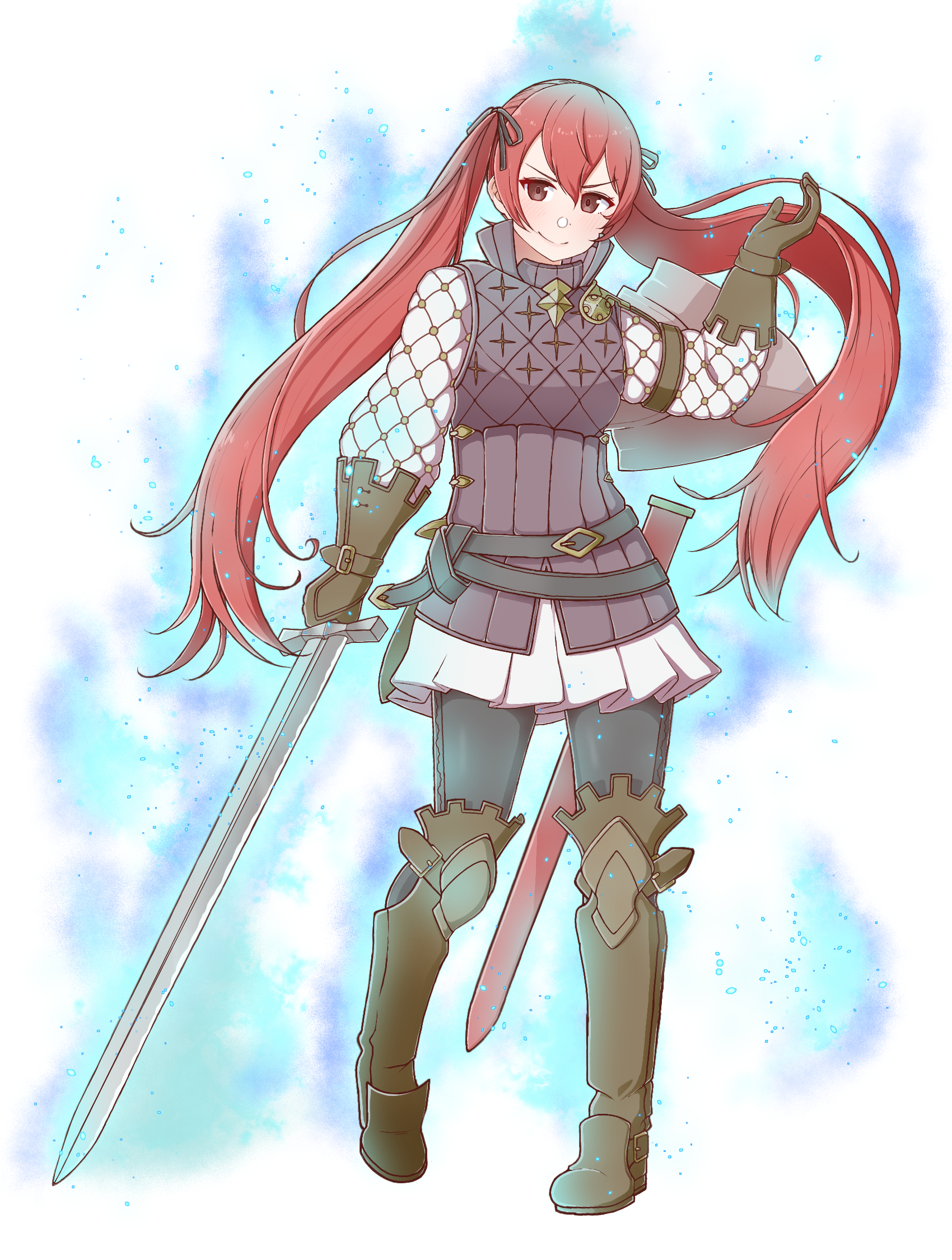 amagumo1023, selena (fire emblem fates), fire emblem, fire emblem engage, fire emblem fates, nintendo, commentary request, commission, highres, skeb commission, 1girl, belt, black belt, black gloves, black pants, black ribbon, blush, boots, brown boots, closed mouth, full body, gloves, hair between eyes, hair ribbon, holding, holding sword, holding weapon, long hair, long sleeves, pants, red eyes, red hair, ribbon, simple background, smile, solo, sword, twintails, very long hair, weapon, white background