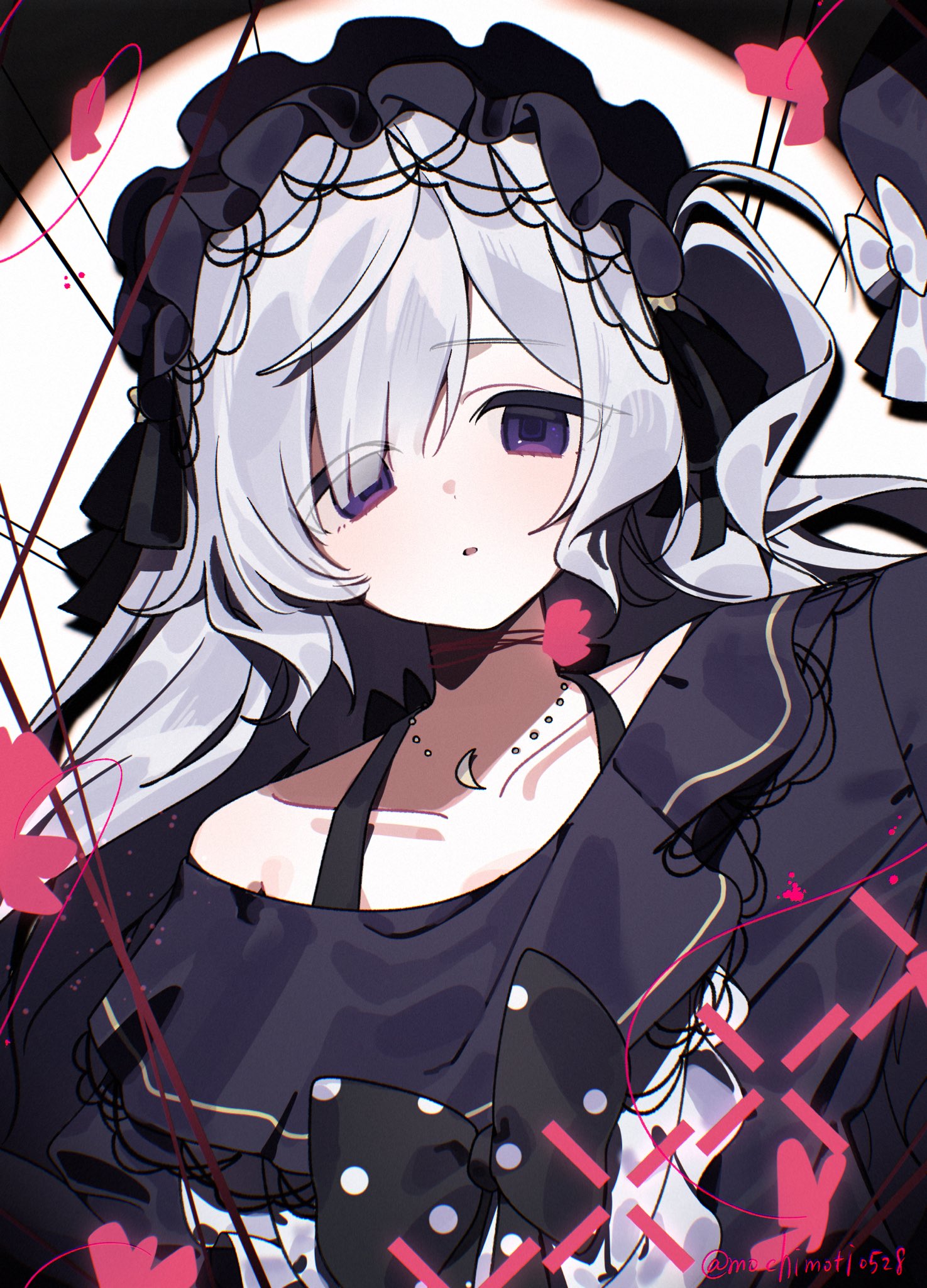 mochimoti0528, natsume anan, mahou shoujo no majo saiban, commentary request, highres, spoilers, 1girl, black dress, black hairband, bow, bug, butterfly, crescent, crescent necklace, dress, eyes visible through hair, gothic lolita, hair over one eye, hairband, insect, jewelry, lolita fashion, lolita hairband, long hair, looking at viewer, magical girl, necklace, one side up, polka dot, polka dot bow, purple eyes, solo, spotlight, string, twitter username, upper body, white hair