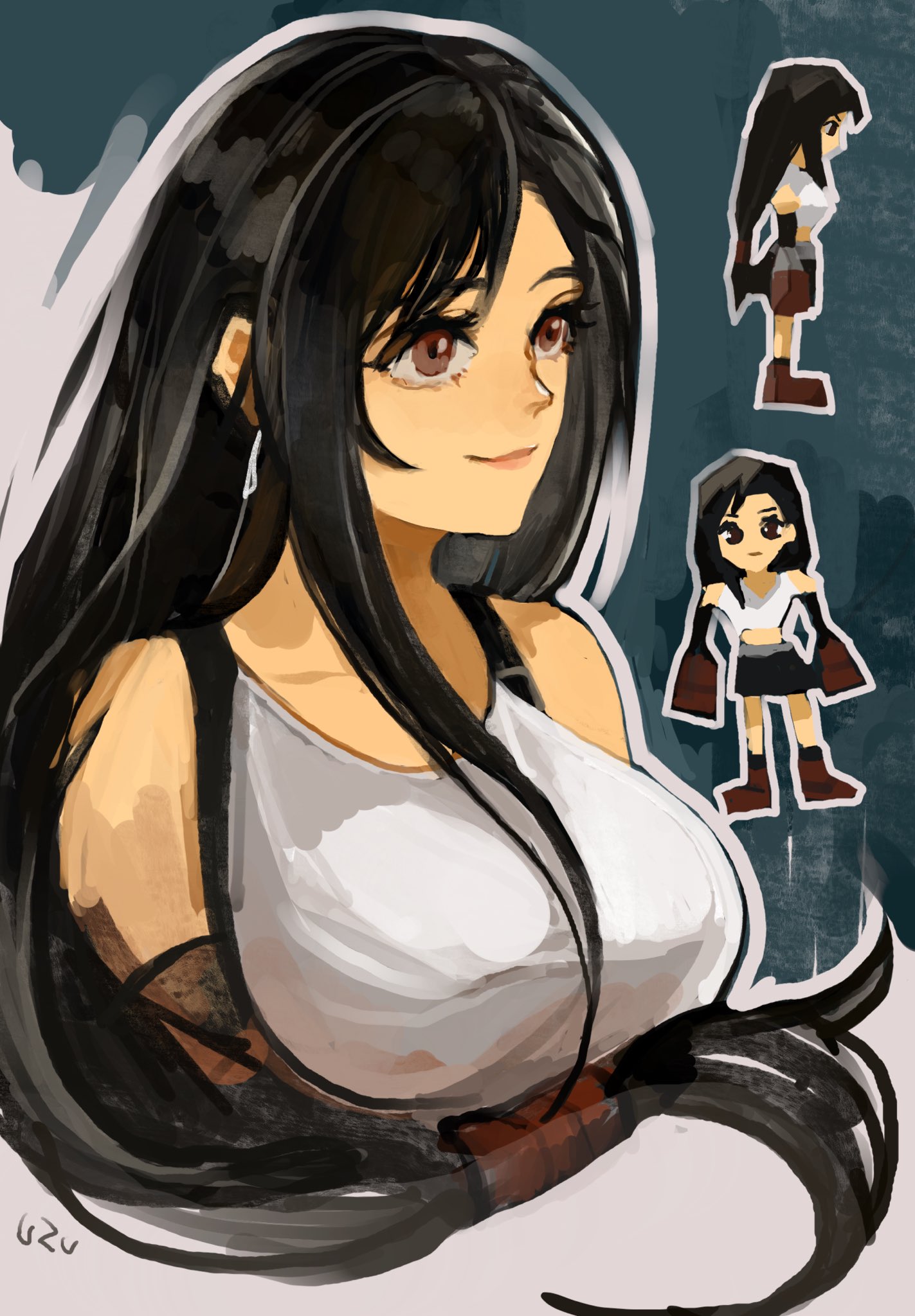 uzutanco, tifa lockhart, final fantasy, final fantasy vii, commentary request, highres, 1girl, artist name, bare shoulders, black hair, black skirt, black sleeves, breasts, brown eyes, closed mouth, crop top, cropped torso, detached sleeves, earrings, full body, jewelry, large breasts, lips, long hair, low-tied long hair, low poly, miniskirt, multiple views, pink lips, single sidelock, skirt, smile, suspenders, tank top, upper body, white tank top