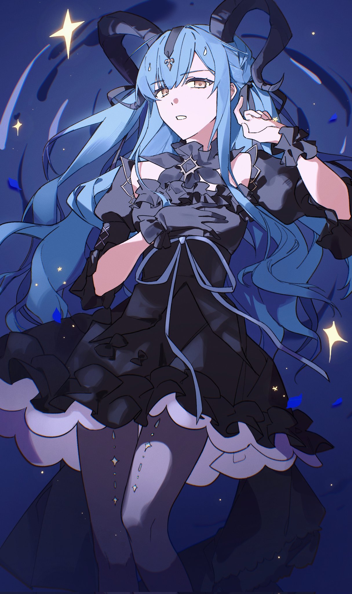 iris769675331, togawa sakiko, arknights, bang dream!, bang dream! it's mygo!!!!!, hashtag-only commentary, highres, 1girl, black dress, black gloves, black horns, black pantyhose, black ribbon, blue background, blue hair, curled horns, detached collar, dress, feet out of frame, frilled dress, frills, gloves, hair ribbon, hand on own chest, hand up, horns, long hair, looking at viewer, lying, lying on water, on back, pantyhose, petals, ribbon, ripples, sidelocks, single glove, solo, sparkle, togawa sakiko (master of melodia), two side up, wrist cuffs, yellow eyes