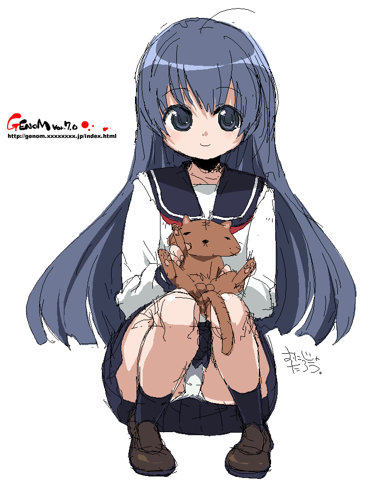 onija tarou, original, blue eyes, blue hair, cat, long hair, oekaki, panties, pantyshot, school uniform, serafuku, solo, underwear