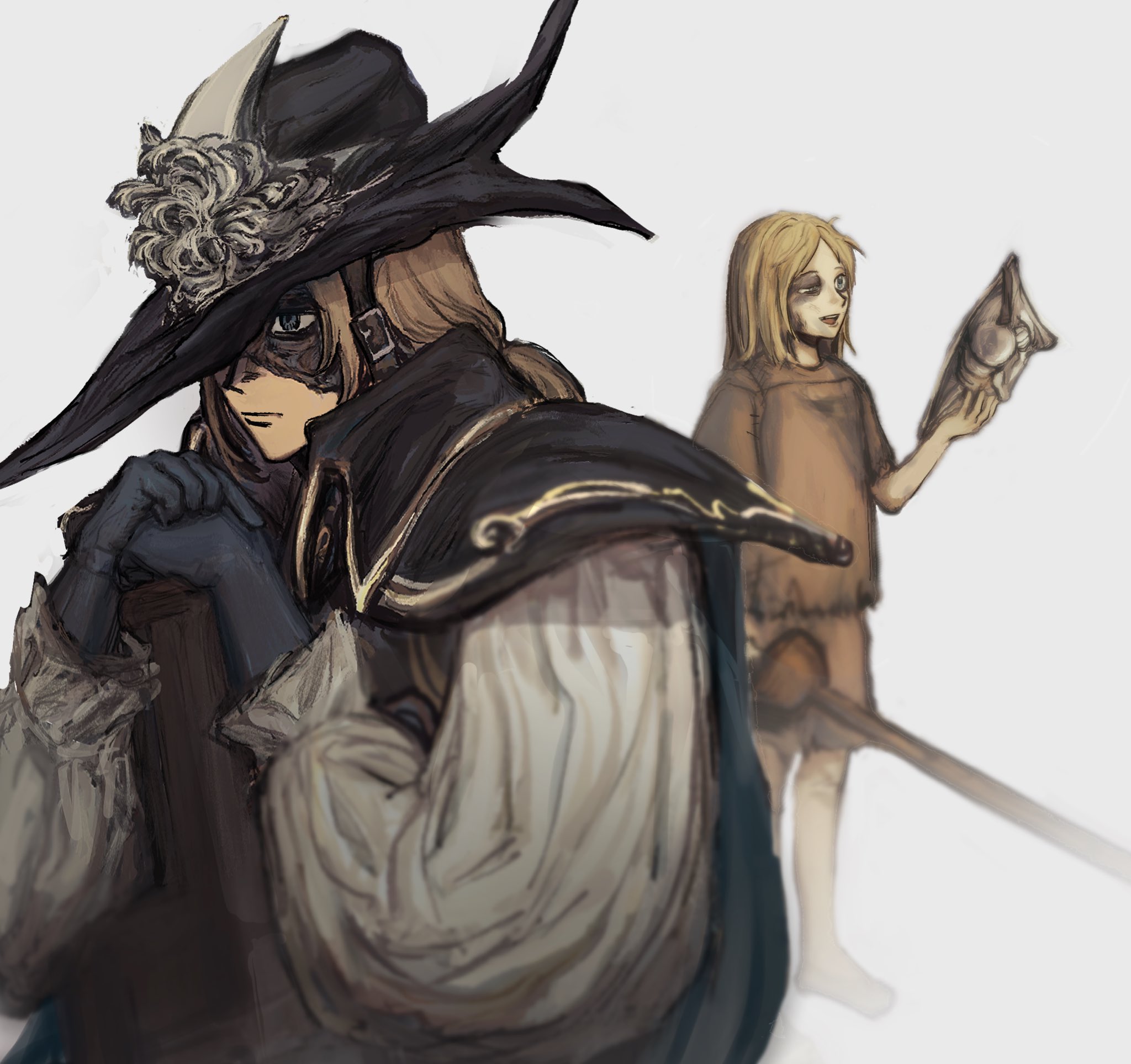 lucatiel of mirrah, dark souls (series), dark souls ii, commentary, english commentary, highres, 1girl, aged down, black eyes, black gloves, black hat, blonde hair, burn scar, closed mouth, epicpovertyfail, gloves, hat, holding, holding mask, holding sword, holding weapon, long hair, mask, open mouth, scar, scar on face, short sleeves, simple background, smile, sword, unworn mask, weapon, white background