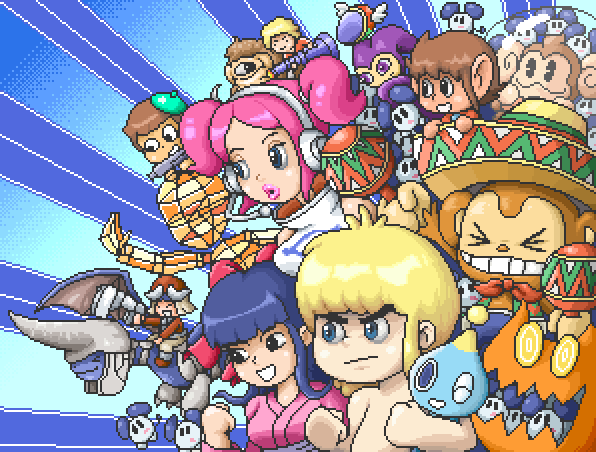 chao (kozutya), paul robertson, keil fluge, opa-opa, shinguuji sakura, solo wing, ulala, alex kidd, chu chu rocket, fantasy zone, nights into dreams, panzer dragoon, rez, sakura taisen, samba de amigo, sega, sonic (series), space channel 5, space harrier, super monkey ball, teddy boy, wonder boy, character request, copyright request, everyone, monkey, pixel art
