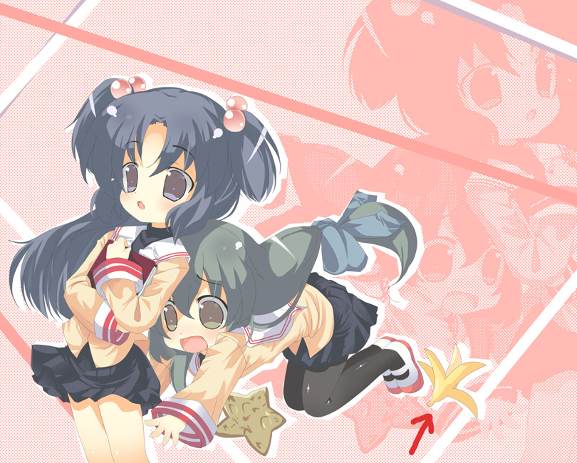omiso, omiso (omiso), ibuki fuuko, ichinose kotomi, clannad, 00s, 2girls, :o, banana, banana peel, book, food, fruit, hair bobbles, hair ornament, holding, holding book, hugging book, hugging object, long hair, low-tied long hair, multiple girls, pantyhose, pink background, ribbon, school uniform, serafuku, shoes, starfish, thighhighs, two side up, uwabaki, zoom layer