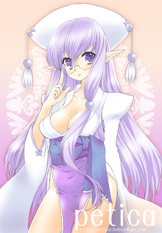 mika mikan, original, 1girl, breasts, female focus, glasses, long hair, pointy ears, purple eyes, purple hair, solo