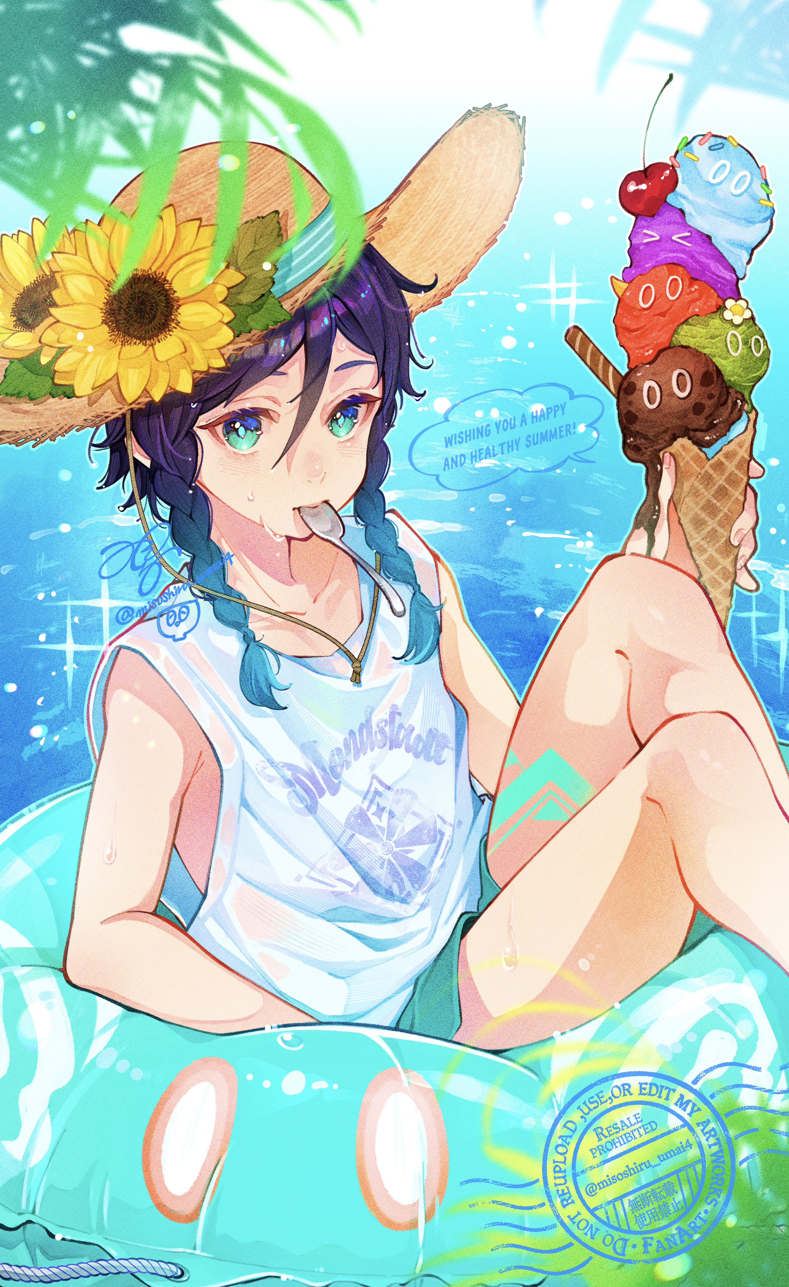 misoshiru umai4, hydro slime (genshin impact), slime (genshin impact), venti (genshin impact), genshin impact, absurdres, highres, 1boy, afloat, alternate costume, aqua eyes, aqua hair, black hair, braid, collarbone, english text, feet out of frame, flower, gradient hair, green shorts, hat, hat flower, holding, holding ice cream cone, ice cream cone, innertube, leg tattoo, looking at viewer, male focus, multicolored hair, outdoors, shorts, signature, solo, spoon, summer, sun hat, sunflower, swim ring, tank top, tattoo, twin braids, utensil in mouth, white tank top, yellow flower
