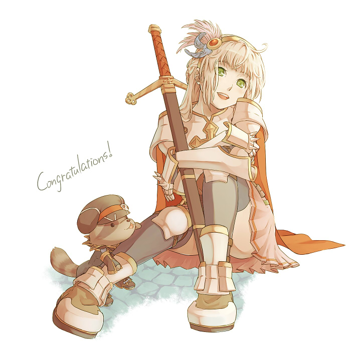 susukinohukurou, lord knight (ragnarok online), warlock (ragnarok online), ragnarok online, commentary request, 1girl, armor, armored boots, black thighhighs, blonde hair, boots, breastplate, cape, congratulations, cross, dog, full body, green eyes, hat, hat ornament, long hair, looking at viewer, miniskirt, newsboy cap, open mouth, pauldrons, pink skirt, red cape, scabbard, sheath, sheathed, shoulder armor, simple background, sitting, skirt, skull hat ornament, smile, solo, spiked gauntlets, sword, thighhighs, weapon, white background