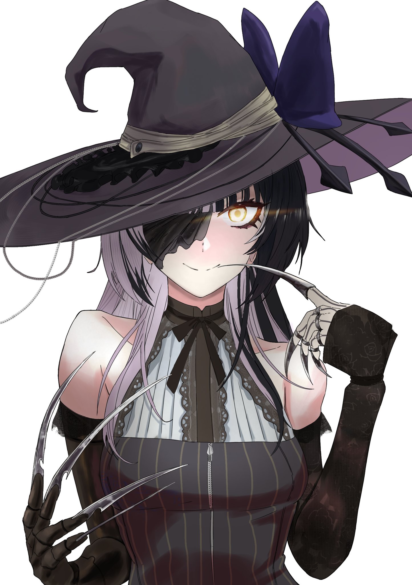 shiori novella, hololive, hololive english, highres, 1girl, black dress, black hair, black hat, black sleeves, claw (weapon), closed mouth, detached sleeves, dress, eyepatch, grey hair, hat, looking at viewer, loricart01, multicolored hair, simple background, smile, solo, split-color hair, two-tone hair, virtual youtuber, weapon, white background, witch hat, yellow eyes