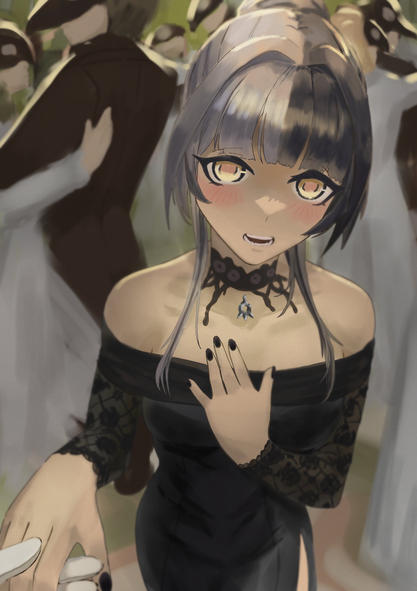 shiori novella, hololive, hololive english, highres, 1girl, 6+others, black choker, black dress, black hair, black nails, blush, choker, dress, grey hair, holding hands, lace, lace sleeves, long hair, looking at viewer, loricart01, multicolored hair, multiple others, pov, solo focus, split-color hair, two-tone hair, virtual youtuber, yellow eyes
