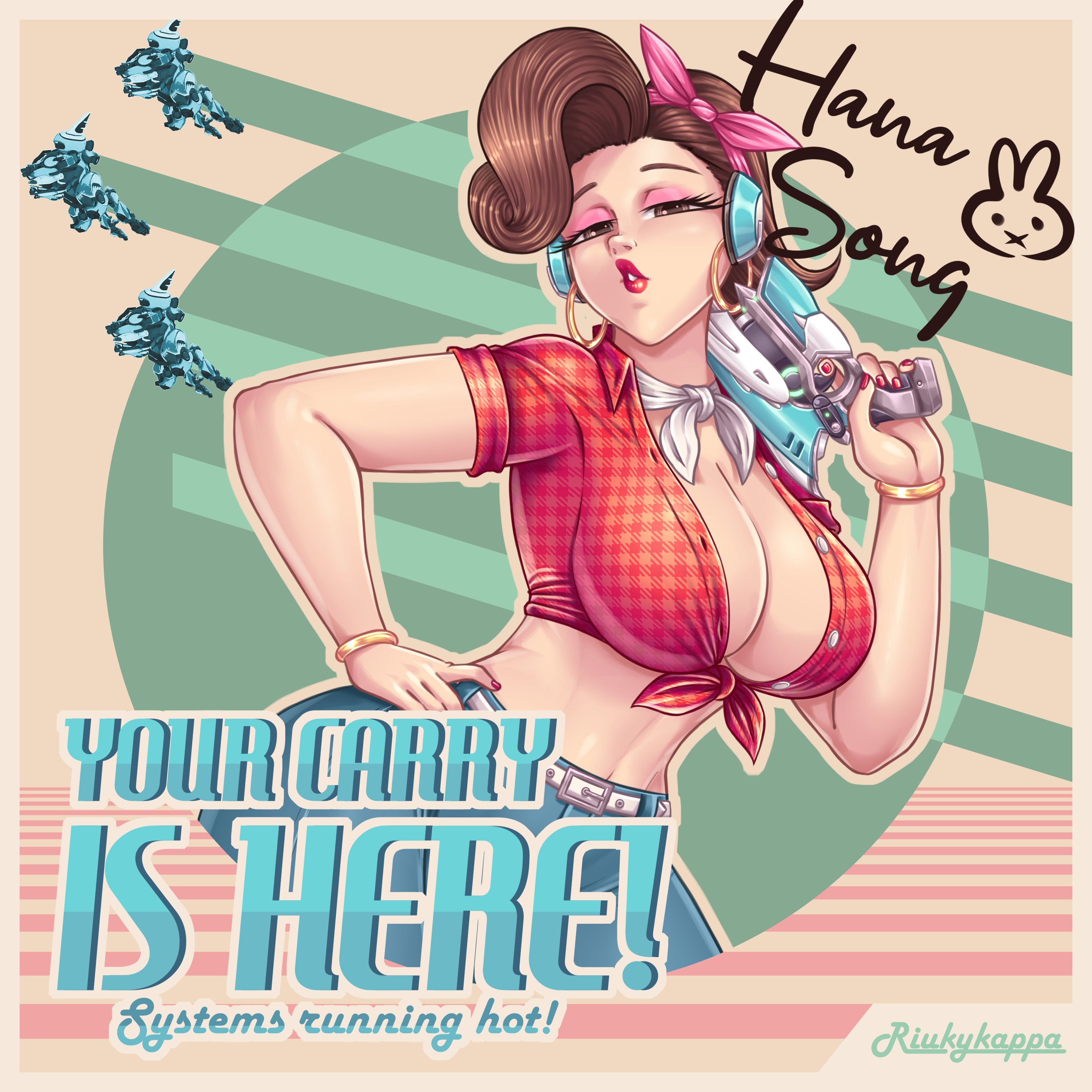 riukykappa, cruiser d.va, d.va (overwatch), overwatch, overwatch 1, absurdres, commentary, english commentary, highres, 1girl, 2023, alternate costume, arm up, artist name, ascot, belt, blue pants, bow, bracelet, breasts, brown eyes, brown hair, cleavage, collared shirt, contrapposto, cowboy shot, denim, earrings, english text, gun, hair bow, half-closed eyes, hand on own hip, headphones, headscarf, hip focus, holding, holding gun, holding weapon, hoop earrings, jeans, jewelry, large breasts, lipstick, logo parody, long hair, looking at viewer, makeup, mascara, mecha, midriff, nail polish, navel, one eye closed, pants, pink bow, plaid clothes, plaid shirt, ponytail, puckered lips, rabbit, red nails, robot, seductive gaze, shirt, short sleeves, signature, smile, solo, stomach, tied shirt, tight clothes, tight pants, unbuttoned, unbuttoned shirt, weapon, white ascot