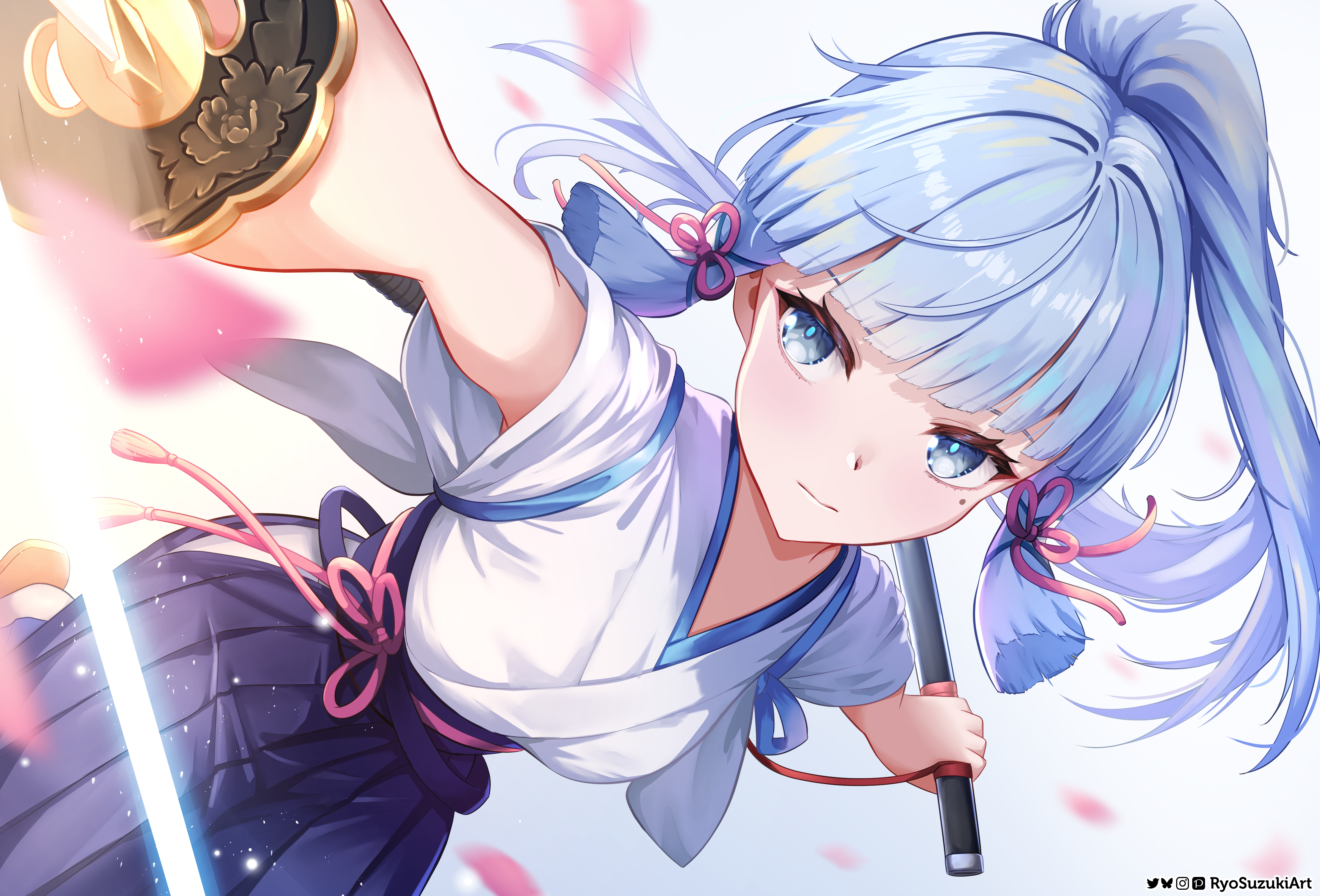 ryo-suzuki, ayaka (genshin impact), genshin impact, absurdres, commentary request, highres, mixed-language commentary, partial commentary, 1girl, alternate costume, blue eyes, blue hair, blue hakama, breasts, closed mouth, cowboy shot, dutch angle, falling petals, floating hair, hair ribbon, hakama, holding, holding sheath, holding sword, holding weapon, incoming attack, japanese clothes, katana, kimono, long hair, looking at viewer, medium breasts, mole, mole under eye, petals, pink petals, ponytail, ribbon, sheath, short sleeves, simple background, solo, sword, twitter username, weapon, white kimono