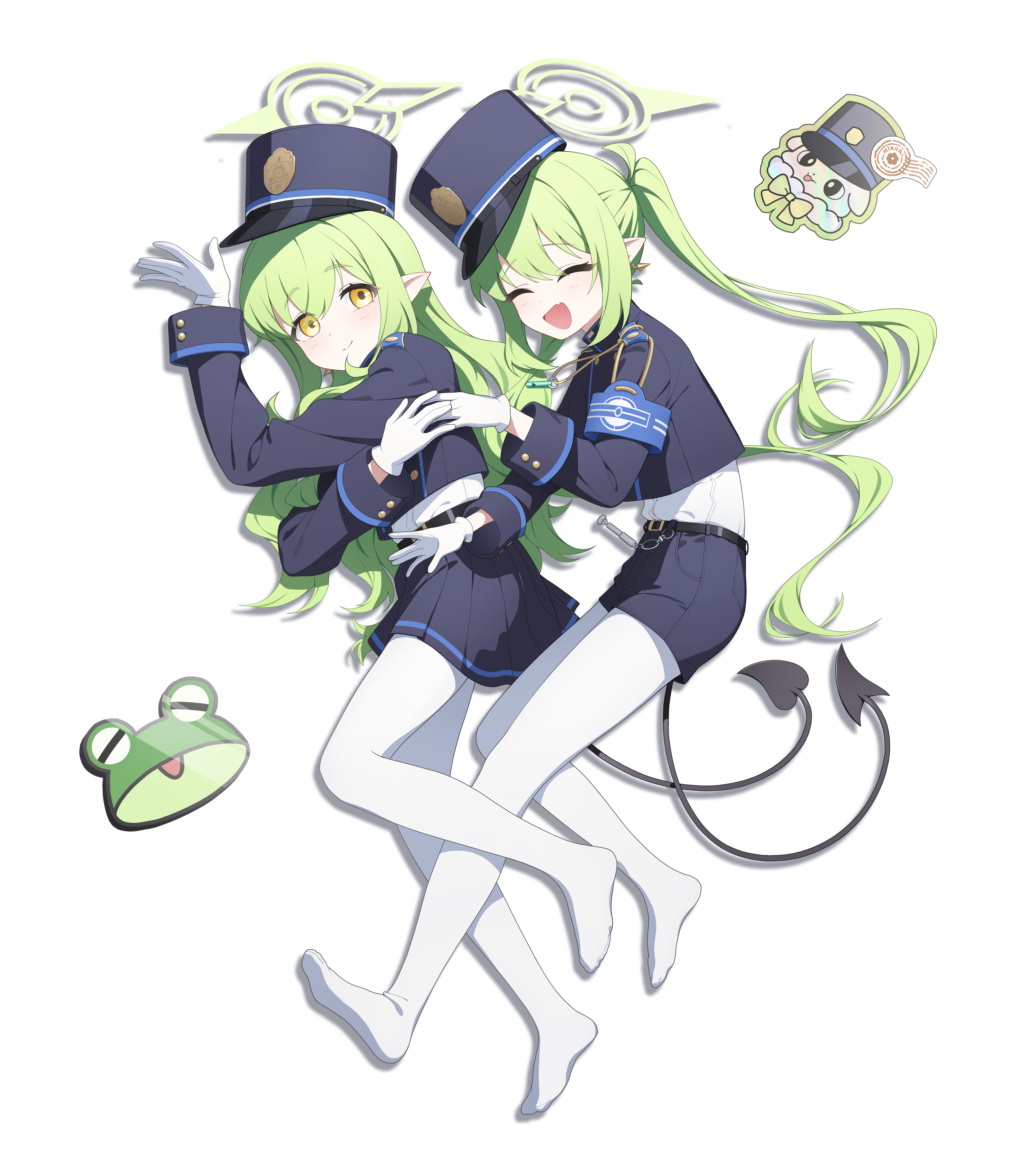 dong ji, hikari (blue archive), nozomi (blue archive), blue archive, absurdres, commentary, english commentary, highres, 2girls, armband, black tail, blue armband, buttons, demon tail, dog, double-breasted, earrings, frog, full body, gloves, green hair, green halo, halo, hat, jewelry, long hair, multiple girls, no shoes, open mouth, pantyhose, peaked cap, pointy ears, shirt, siblings, sidelocks, simple background, single earring, sisters, smile, tail, twins, twintails, white background, white gloves, white pantyhose, white shirt