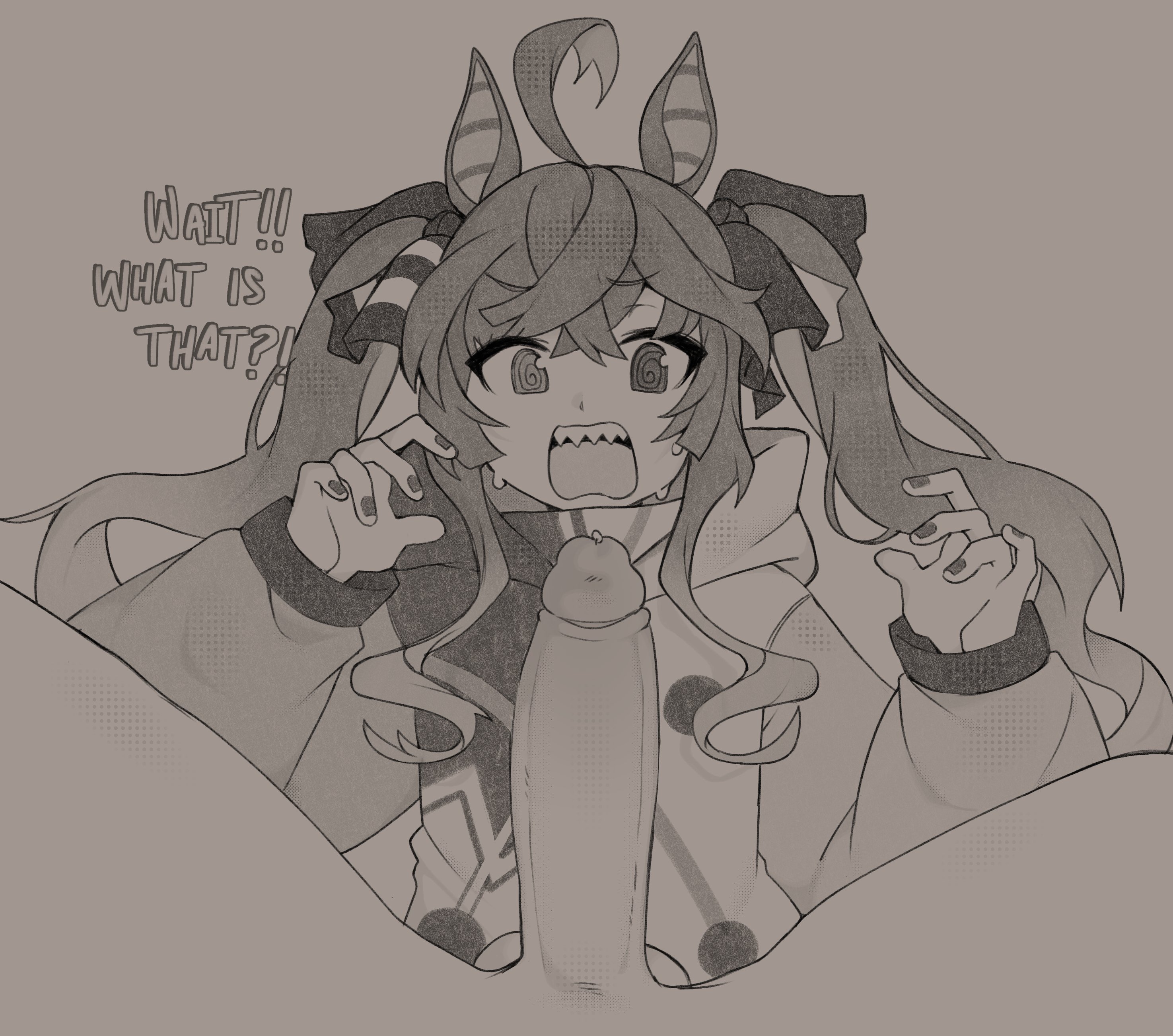 oniyanna, twin turbo (umamusume), umamusume, absurdres, highres, 1boy, 1girl, @ @, ahoge, animal ears, english text, greyscale, hair ribbon, hood, hoodie, horse ears, horse girl, long hair, long sleeves, monochrome, open mouth, penis, pov, ribbon, sharp teeth, sweat, teeth, twintails, uncensored