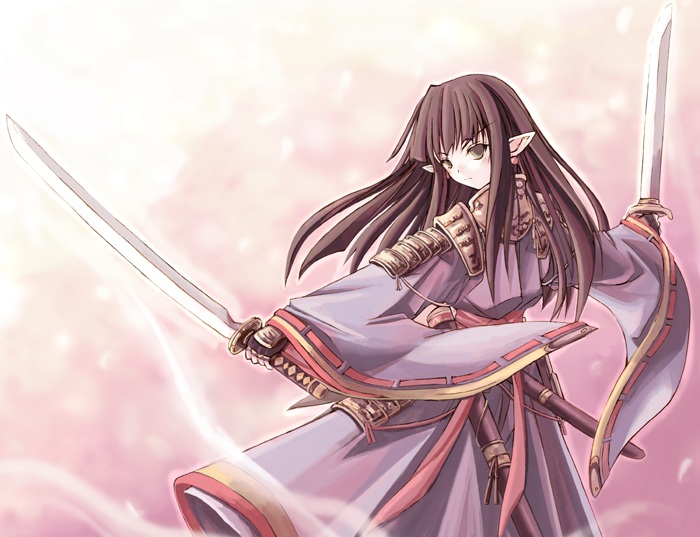 kotonemaru, black hair, brown hair, japanese clothes, katana, long hair, pointy ears, sword, weapon