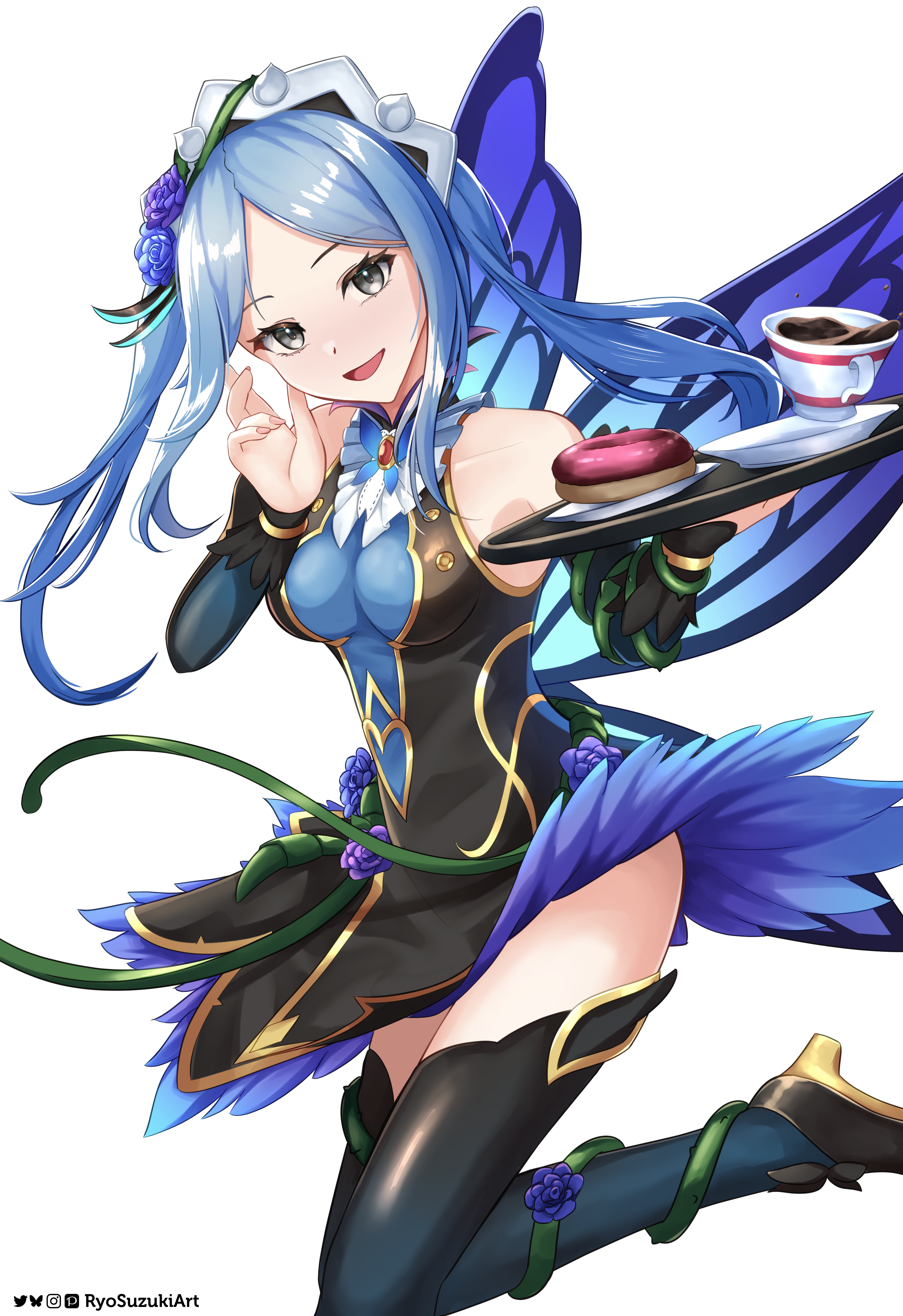 ryo-suzuki, flora (fire emblem), flora (resplendent) (fire emblem), fire emblem, fire emblem fates, fire emblem heroes, nintendo, absurdres, commentary request, highres, mixed-language commentary, partial commentary, 1girl, armpits, bare shoulders, black thighhighs, blue eyes, blue hair, blue wings, breasts, bridal gauntlets, bug, butterfly, butterfly wings, collarbone, cup, detached sleeves, donut, dress, fairy wings, flower, food, hair flower, hair ornament, headdress, holding, holding tray, insect, insect wings, long hair, maid, maid headdress, medium breasts, official alternate costume, open mouth, plant, plate, saucer, simple background, smile, solo, teacup, thighhighs, thighs, tray, twintails, unconventional maid, vines, white background, wings