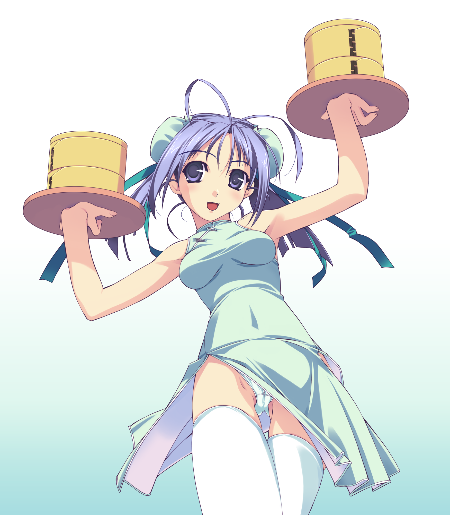 murakami suigun, highres, 1girl, bamboo steamer, breasts, china dress, chinese clothes, dress, female focus, gradient background, panties, pantyshot, solo, thighhighs, underwear, upskirt, waitress, white thighhighs