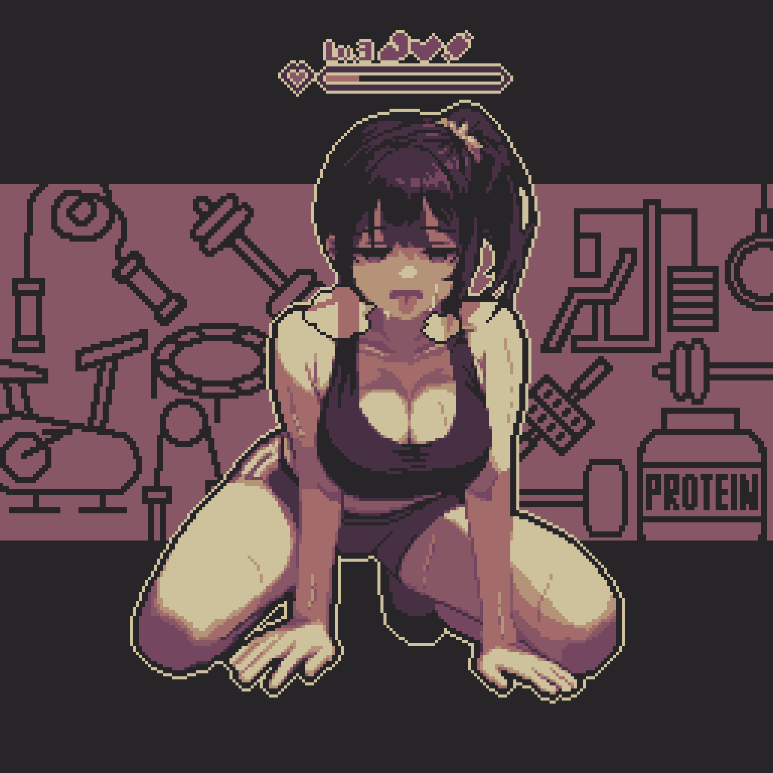 specialhanako, original, highres, 1girl, black hair, breasts, breath, cleavage, exhausted, hands on floor, heavy breathing, kneeling, large breasts, pixel art, short hair, side ponytail, sports bra, sportswear, sweat, sweatdrop, tank top, tomboy