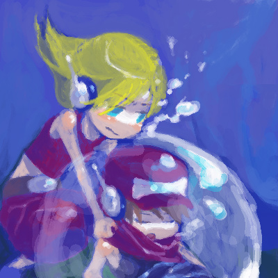 curly brace, quote (cave story), doukutsu monogatari, lowres, spoilers, 1boy, 1girl, android, baseball cap, bubble, hat, robot ears, underwater, water