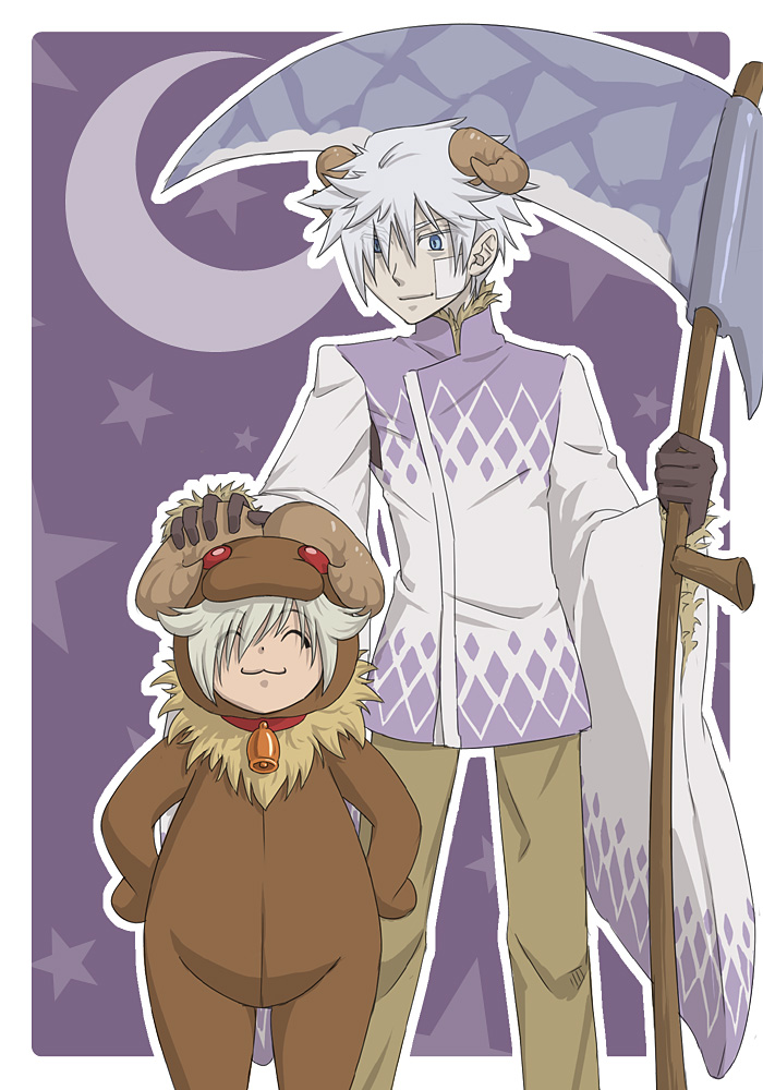 susukinohukurou, arch bishop (ragnarok online), baphomet jr, sorcerer (ragnarok online), ragnarok online, commentary request, 2boys, :3, argyle clothes, argyle shirt, bags under eyes, baphomet jr (cosplay), bell, black gloves, blue eyes, brown horns, brown pants, closed eyes, closed mouth, cosplay, cowboy shot, crescent, gauze, gauze on cheek, gloves, goat costume, grey hair, headpat, holding, holding scythe, horns, looking at another, male focus, multiple boys, pants, scythe, shirt, short hair, smile, star (symbol), white shirt