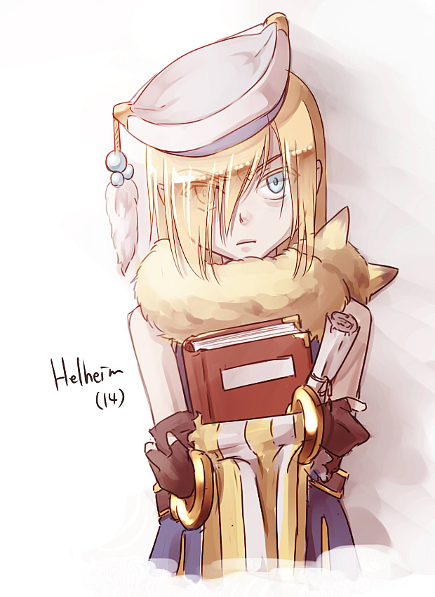 susukinohukurou, professor (ragnarok online), ragnarok online, commentary request, 1boy, animal, animal around neck, blonde hair, blue eyes, blue shirt, book, brown gloves, character age, character name, closed mouth, detached sleeves, eyes visible through hair, fingerless gloves, fox, frown, gloves, hair between eyes, hair over one eye, hat, hat tassel, holding, holding book, holding scroll, long bangs, long hair, looking at viewer, male focus, pointy ears, scroll, shirt, simple background, sleeveless, sleeveless shirt, solo, striped sleeves, upper body, v-shaped eyebrows, white background, white hat, white sleeves, yellow sleeves