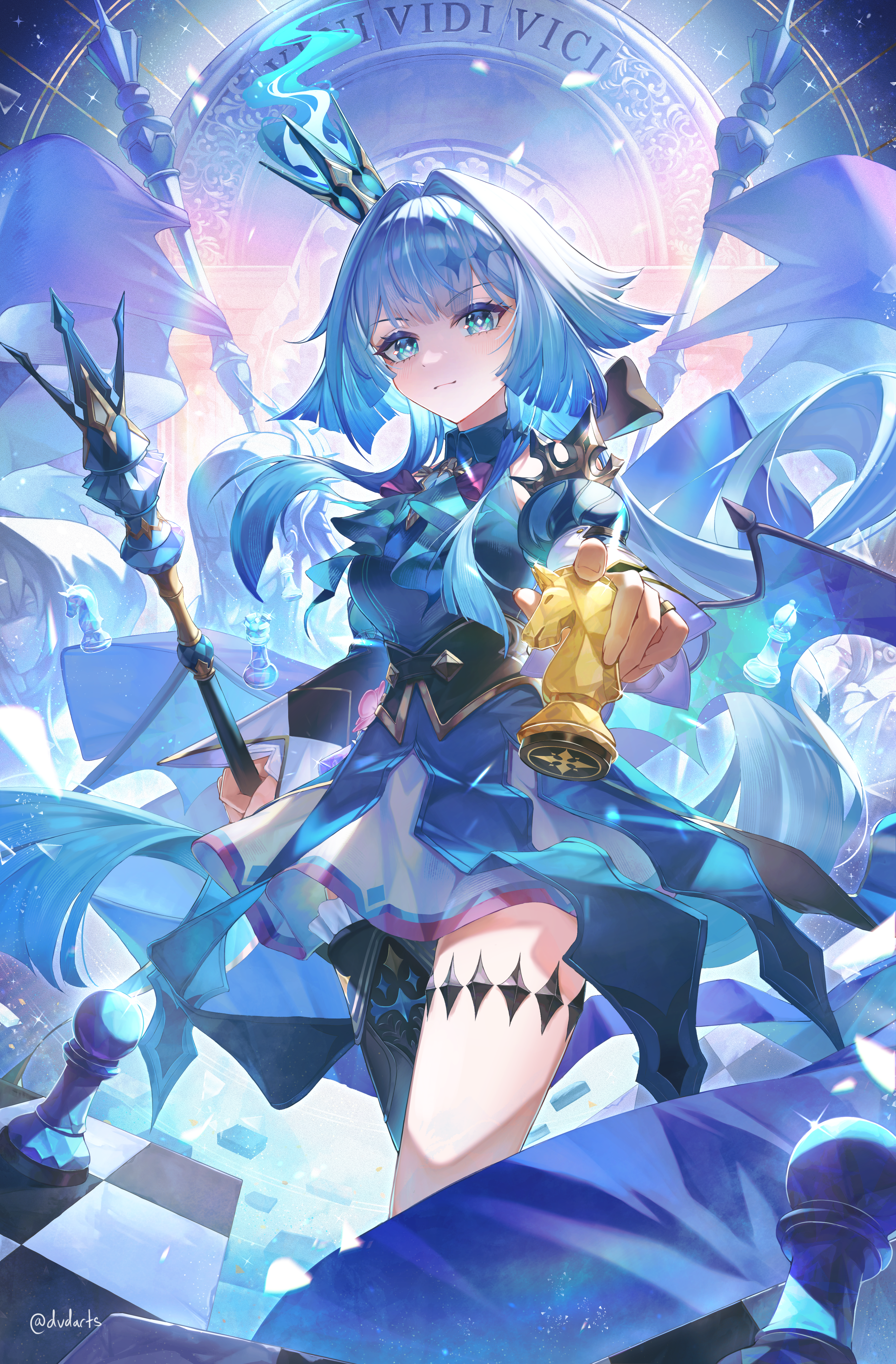 dvdarts, cerydra (honkai: star rail), honkai: star rail, honkai (series), absurdres, commentary request, highres, 1girl, asymmetrical legwear, black thighhighs, blue dress, blue eyes, blue fire, blue hair, blue wings, blunt bangs, blunt ends, breasts, chess piece, closed mouth, crown, detached sleeves, diamond-shaped pupils, diamond (shape), diamond hair ornament, dress, fire, floating hair, gold trim, hand up, holding, holding chess piece, holding scepter, knight (chess), long hair, long sleeves, looking at viewer, low wings, medium breasts, mini crown, mismatched legwear, outstretched arm, pawn (chess), scepter, single thighhigh, solo, symbol-shaped pupils, thigh strap, thighhighs, thighs, twitter username, very long hair, wide sleeves, wings