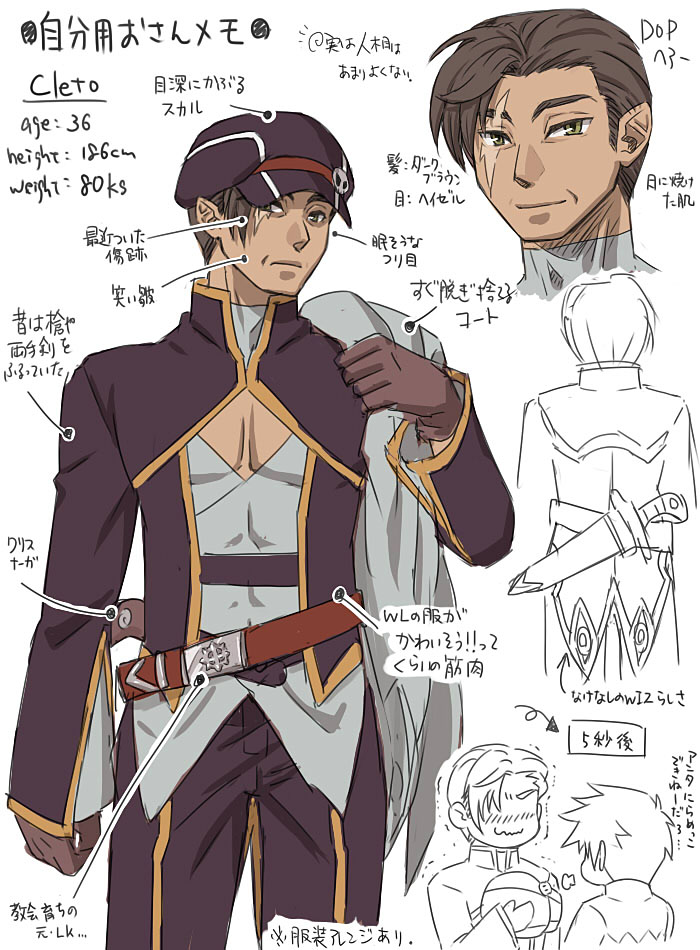 susukinohukurou, warlock (ragnarok online), ragnarok online, commentary request, translation request, 1boy, black hat, black pants, black shirt, brown hair, character profile, closed mouth, cowboy shot, grey shirt, hat, hat ornament, looking at viewer, male focus, mature male, multiple views, newsboy cap, pants, pectoral cleavage, pectorals, pointy ears, scar, scar across eye, scar on face, shirt, short hair, simple background, skull hat ornament, smile, undershirt, white background, yellow eyes