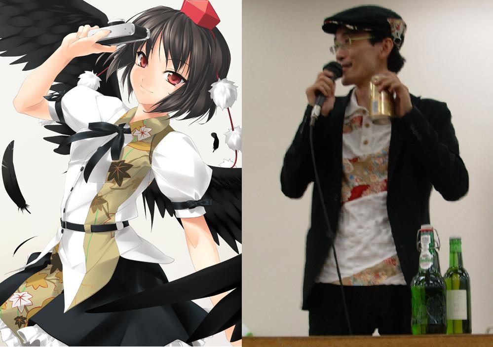 shameimaru aya, zun, kirin (company), touhou, photo (medium), 1boy, 1girl, alcohol, asian, beer, black hair, black wings, bottle, camera, can, coat, comparison, glasses, gradient background, hat, jacket, microphone, red eyes, shirt, short hair, skirt, tokin hat, wings