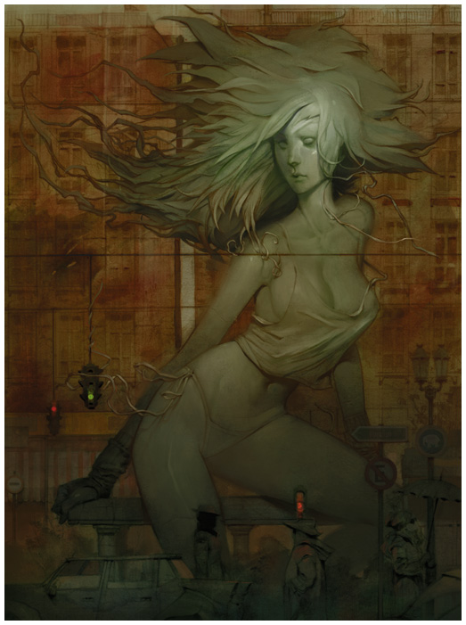 original, silver hair, 1girl, breasts, brown background, car, city, cityscape, cleavage, closed eyes, closed mouth, collarbone, dark, expressionless, female focus, floating hair, hat, kneeling, lamppost, large breasts, long hair, looking to the side, midriff, motor vehicle, navel, no bra, revealing clothes, solo, statue, stomach, traffic light, umbrella, very long hair, wind, window