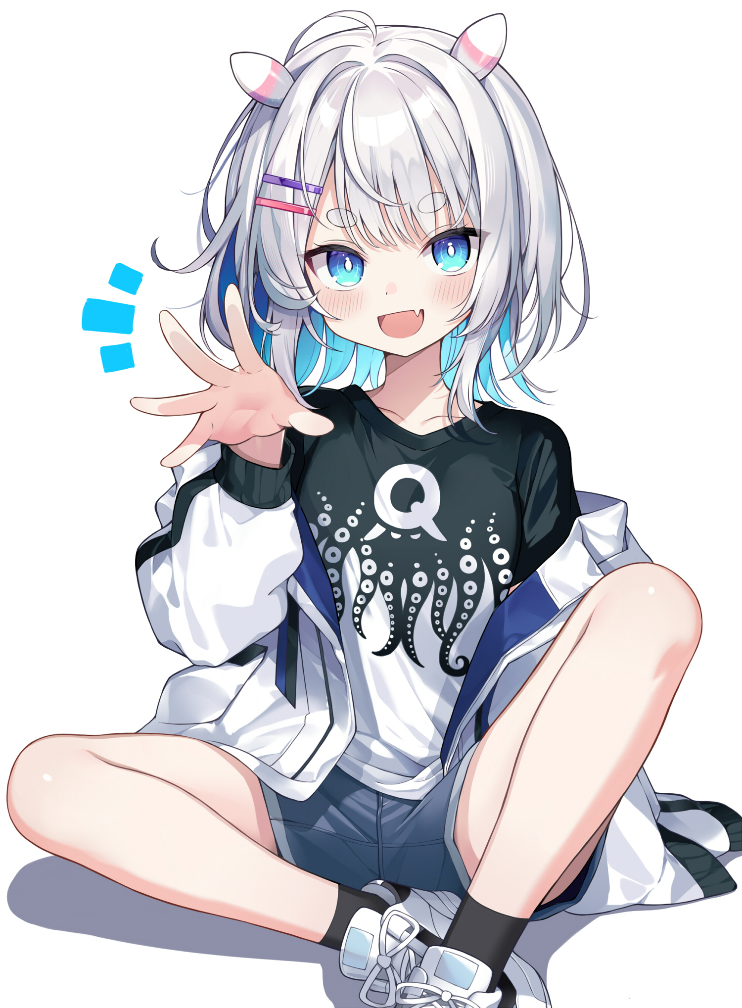 myuton, original, highres, 1girl, blue eyes, blue hair, colored inner hair, fang, grey hair, hair ornament, jacket, looking at viewer, multicolored hair, off shoulder, open mouth, shorts, simple background, sitting, skin fang, solo, spread legs, thick eyebrows, white jacket