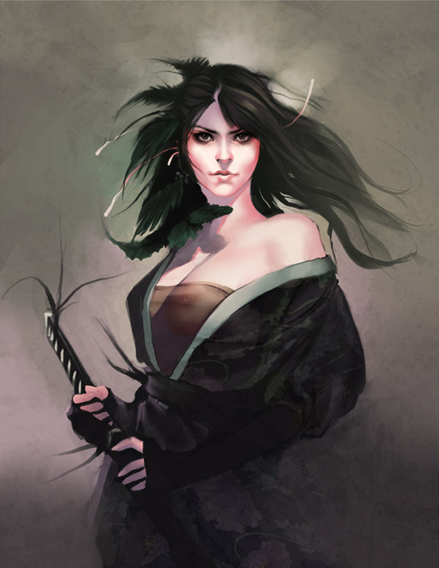 1girl, black hair, breasts, female focus, japanese clothes, katana, large breasts, see-through clothes, solo, sword, weapon