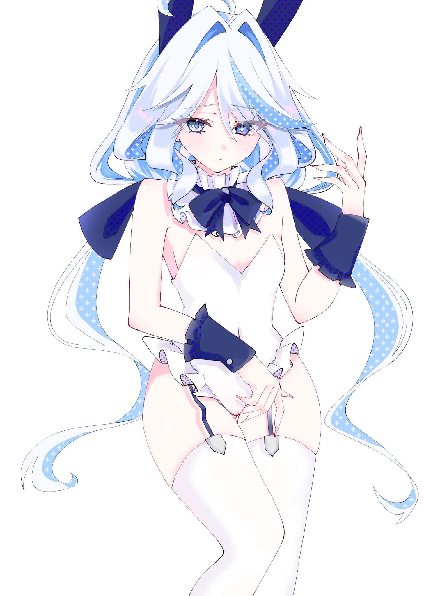 fuka yao, furina (genshin impact), genshin impact, commentary, highres, symbol-only commentary, 1girl, ahoge, alternate costume, bare shoulders, blue bow, blue bowtie, blue eyes, blue garter straps, blue pupils, blue streaks, blush, bow, bowtie, closed mouth, covered navel, drop-shaped pupils, fingernails, hair between eyes, hand up, heterochromia, leotard, long hair, looking at viewer, multicolored hair, playboy bunny, simple background, solo, strapless, strapless leotard, streaked hair, symbol-shaped pupils, thighhighs, very long hair, white background, white hair, white leotard, white thighhighs