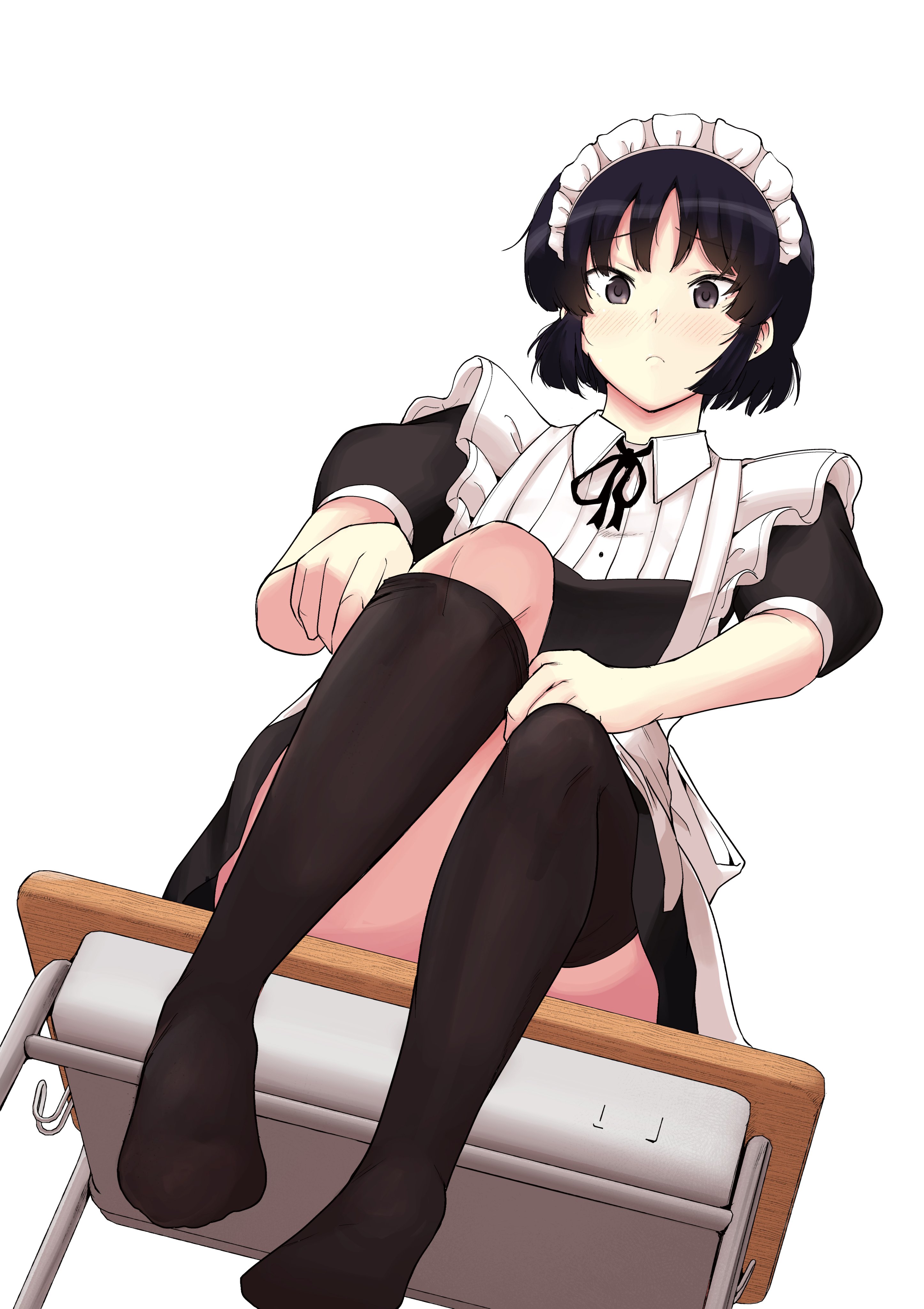saitou shouki, kujou meika, meika-san wa oshikorosenai, absurdres, hashtag-only commentary, highres, second-party source, 1girl, black dress, black eyes, black hair, black thighhighs, closed mouth, desk, dress, maid, maid day, maid headdress, no shoes, on desk, school desk, short hair, simple background, sitting, solo, thighhighs, white background