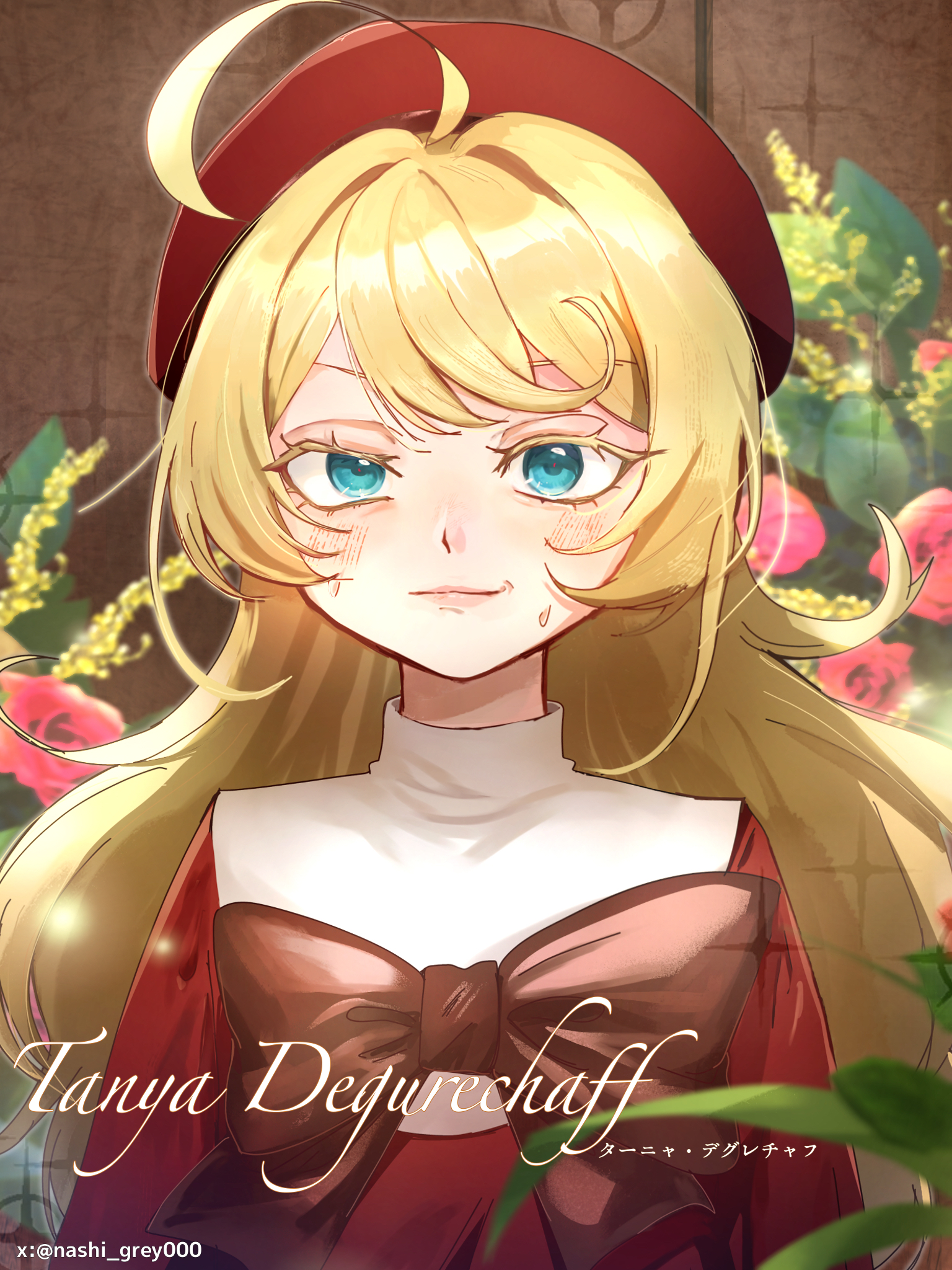 tanya degurechaff, youjo senki, highres, 1girl, ahoge, beret, blonde hair, blue eyes, dress, hat, high collar, lips, long hair, looking at viewer, naaaaaaaashi1037, official alternate costume, red dress, red hat, smile, solo, swept bangs