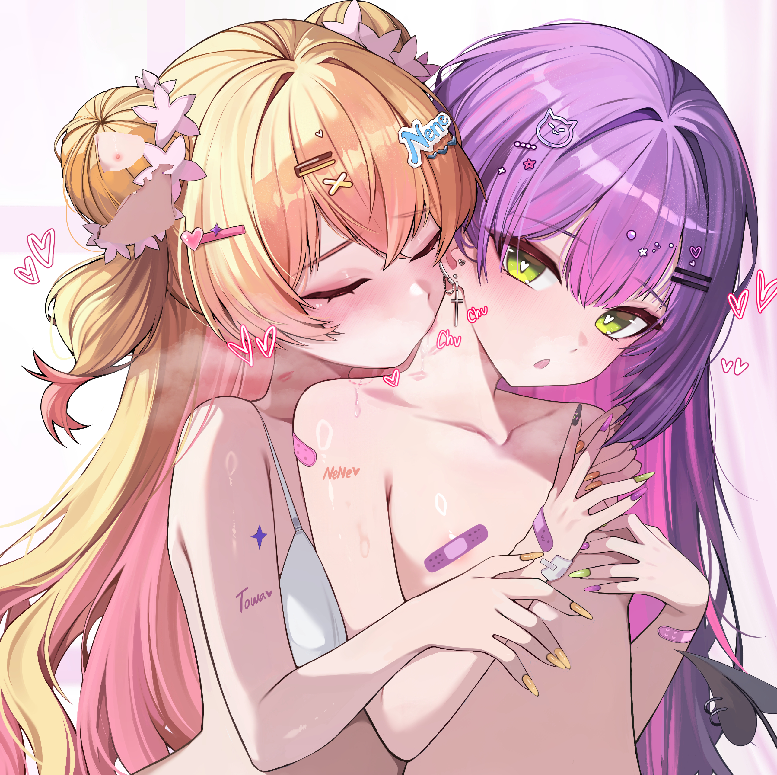 kkato, momosuzu nene, tokoyami towa, hololive, absurdres, commentary, english commentary, highres, paid reward available, 2girls, bandaid, bandaid on arm, bandaid on wrist, bandaids on nipples, blonde hair, bra, closed eyes, colored inner hair, cross, cross earrings, demon girl, demon tail, double-parted bangs, double bun, earclip, earrings, fingernails, flat chest, flower, gradient hair, green eyes, hair bun, hair flower, hair ornament, heart, heart-shaped pupils, jewelry, kiss, kissing neck, long fingernails, long hair, multicolored hair, multiple girls, nude, pasties, piercing, pink hair, purple hair, side up bun, streaked hair, symbol-shaped pupils, tail, tail ornament, tail piercing, two side up, underwear, virtual youtuber, white bra, yuri