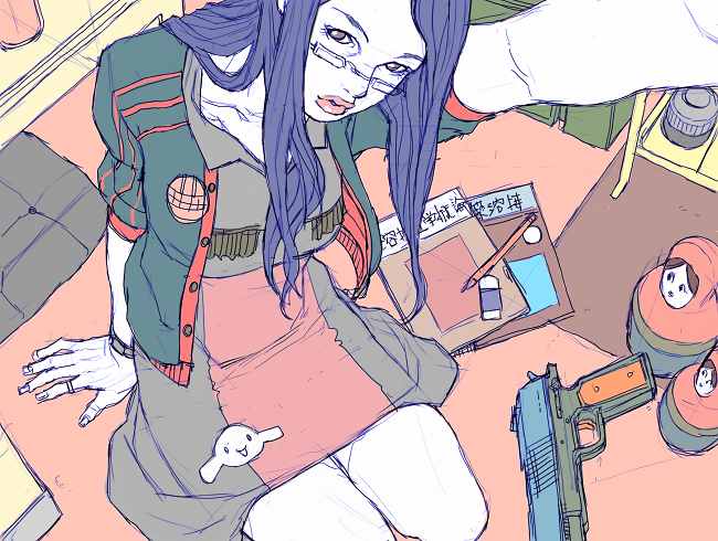 junny, original, 1girl, arm support, blue hair, dress, eraser, female focus, glasses, gun, handgun, long hair, looking over eyewear, matryoshka doll, parted lips, pistol, purple hair, selfie, sitting, solo, weapon