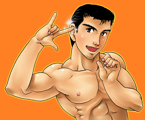abe takakazu, kuso miso technique, macross, macross frontier, 1boy, black hair, nipples, seikan hikou